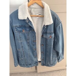 CISONO Womens Blue Denim Sherpa Lined Trucker Jacket Medium Wash Faux Fur Large